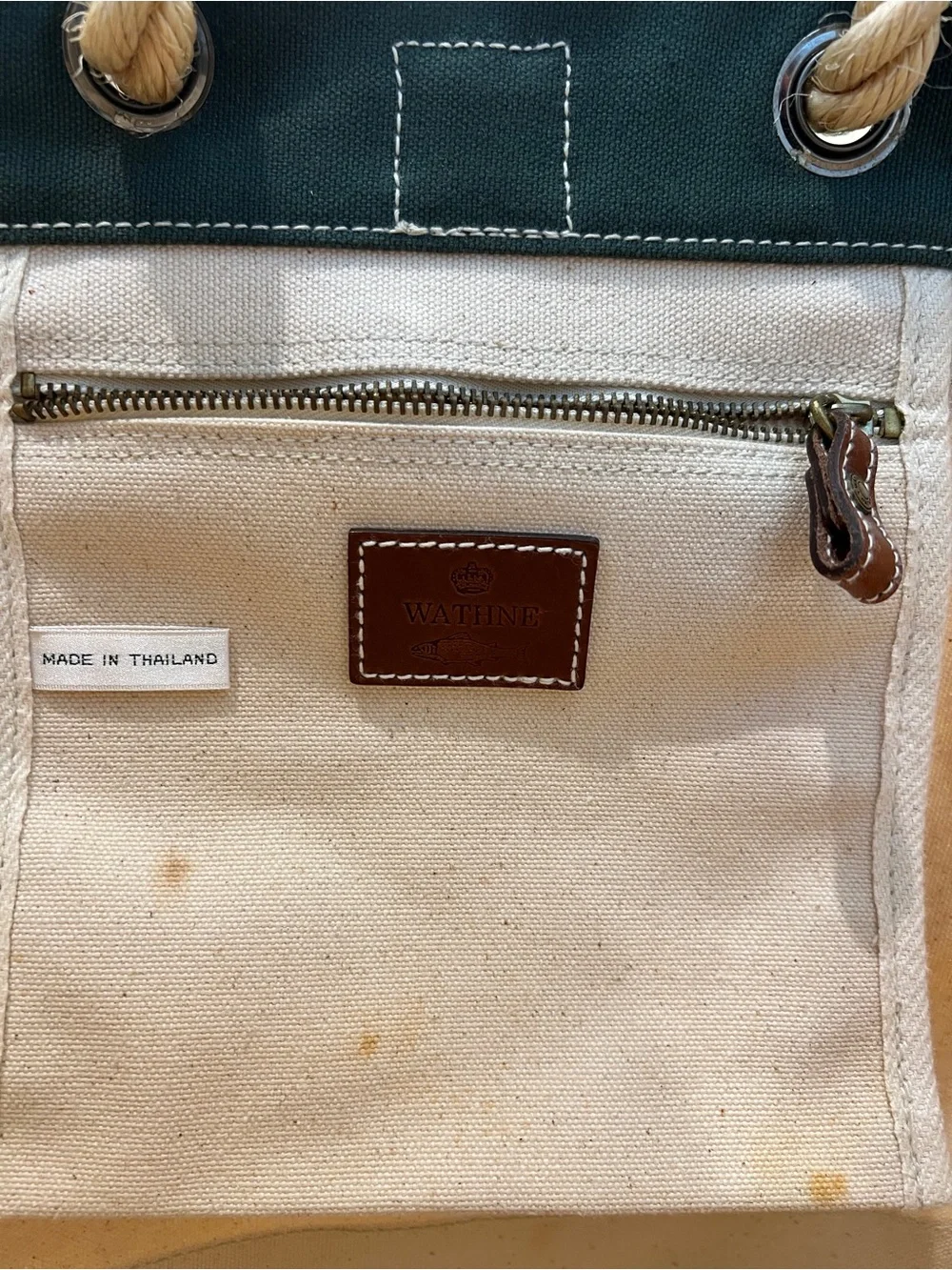 Wathne Cream and Dark Green Canvas Tote with Rope Handles